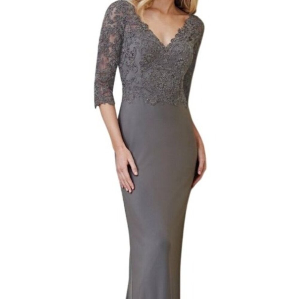 Jade Couture by Jasmine Lace Gown Gray 12 Formal Evening Dress Wedding Elegant